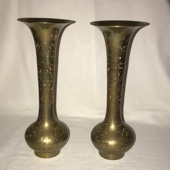 2 Brass Flower Vases made in India - 12” tall - Picture 1 of 11